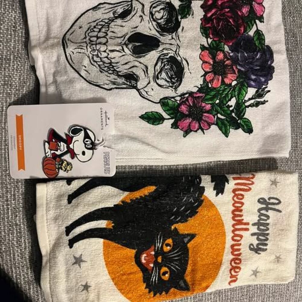 Halloween Hand Towels and Hallmark Snoopy Ornament Set